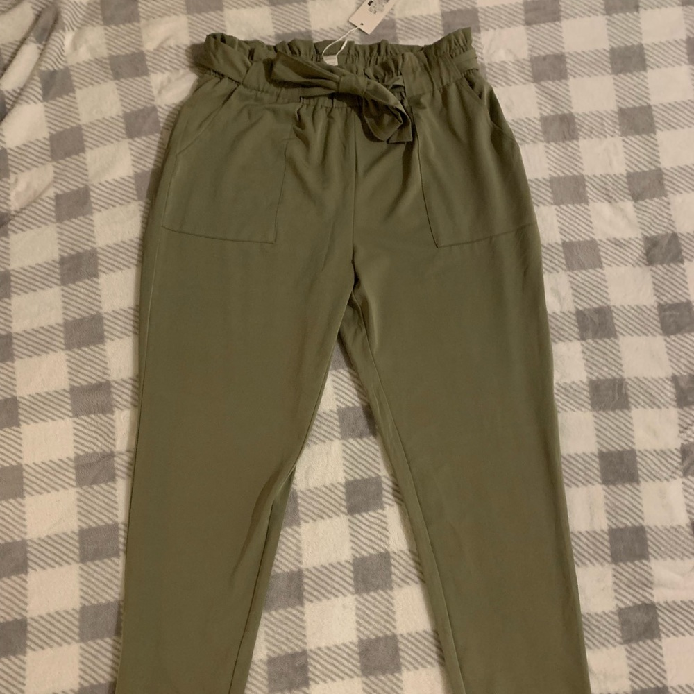 High waisted olive green tie pants